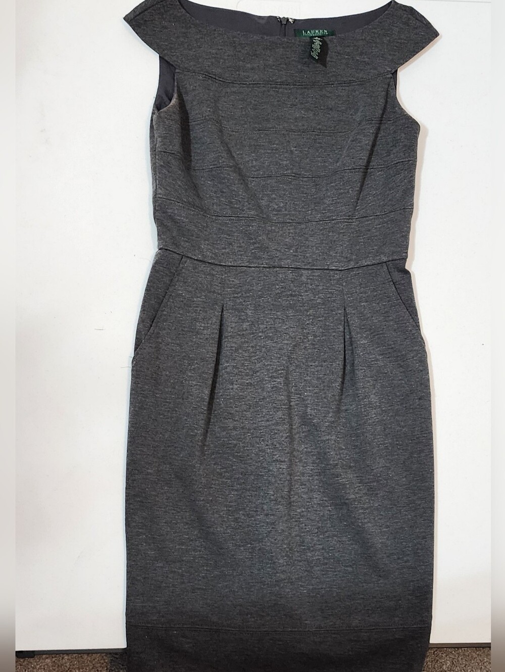 Ralph Lauren Charcoal Gray Off-Shoulder Sheath Dress